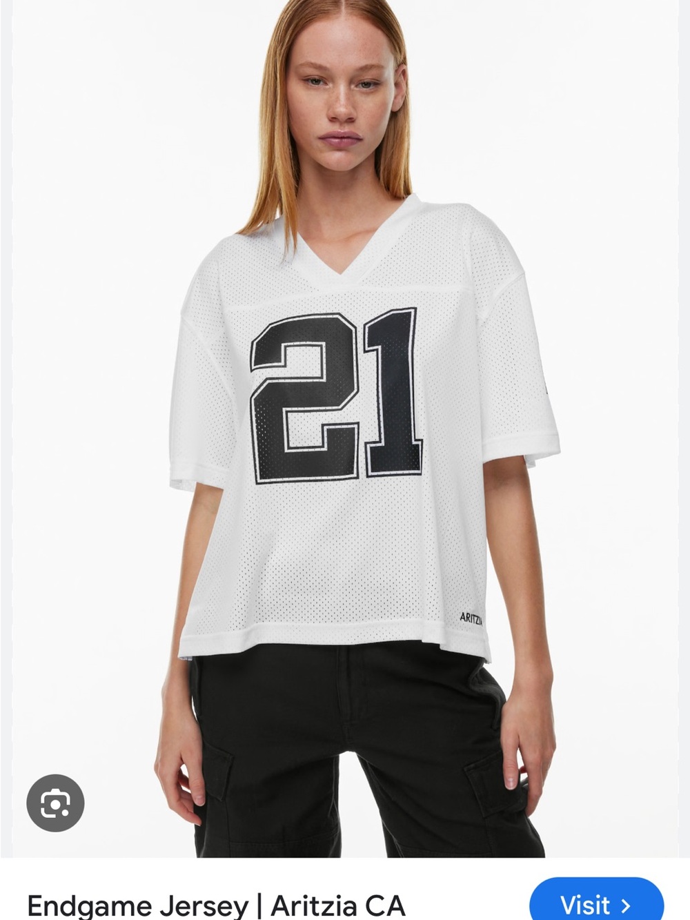 Aritzia White Mesh Jersey Top with Black '21' Graphic